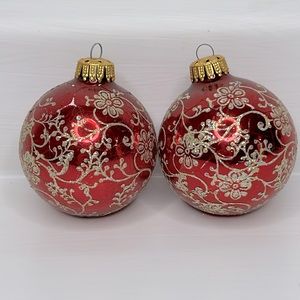Vintage West Germany ❤️ Red Floral Hand Decorated Glass Christmas Tree Ornaments